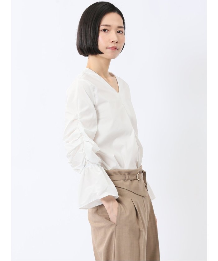 袖ギャザー Vネック プルオーバーブラウス （白） 半袖 レディース シャツ カットソー トップス ブラウス カジュアル インナー ビジネス ギフト プレゼント 白