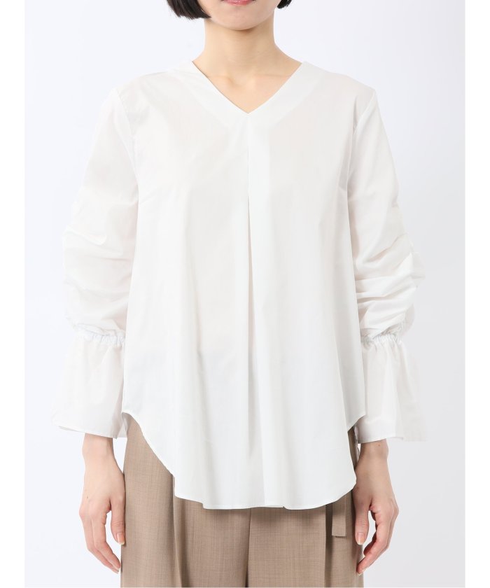 袖ギャザー Vネック プルオーバーブラウス （白） 半袖 レディース シャツ カットソー トップス ブラウス カジュアル インナー ビジネス ギフト プレゼント 白