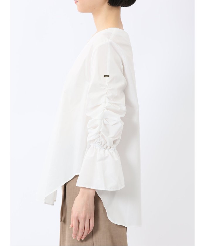 袖ギャザー Vネック プルオーバーブラウス （白） 半袖 レディース シャツ カットソー トップス ブラウス カジュアル インナー ビジネス ギフト プレゼント 白