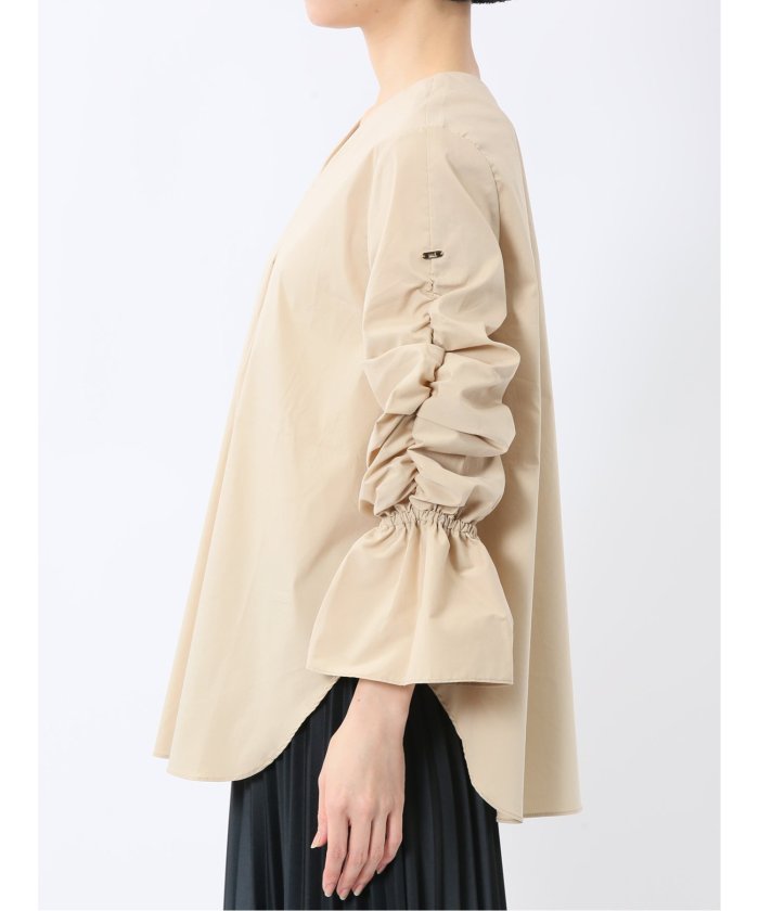 袖ギャザー Vネック プルオーバーブラウス （白） 半袖 レディース シャツ カットソー トップス ブラウス カジュアル インナー ビジネス ギフト プレゼント 白