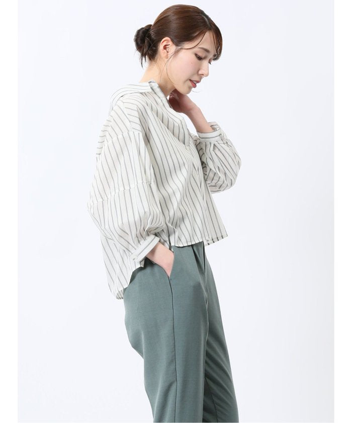 ランタンスリーブ ショートシャツ （サックス） 半袖 レディース シャツ カットソー トップス ブラウス カジュアル インナー ビジネス ギフト プレゼント サックス