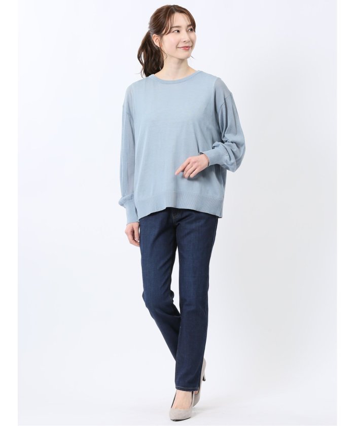 シアーニット&タンクトップ アンサンブル （サックス） 長袖 レディース シャツ カットソー トップス ブラウス カジュアル インナー ビジネス ギフト プレゼント サックス