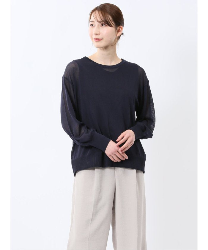 シアーニット&タンクトップ アンサンブル （紺） 長袖 レディース シャツ カットソー トップス ブラウス カジュアル インナー ビジネス ギフト プレゼント 紺