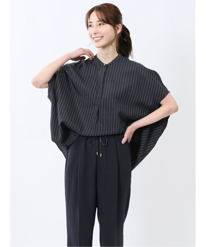 タンブラーブッチャー ストライプ柄 プルオーバーブラウス(セットアップ可能) （紺） 半袖 レディース シャツ カットソー トップス ブラウス カジュアル インナー ビジネス ギフト プレゼント 紺