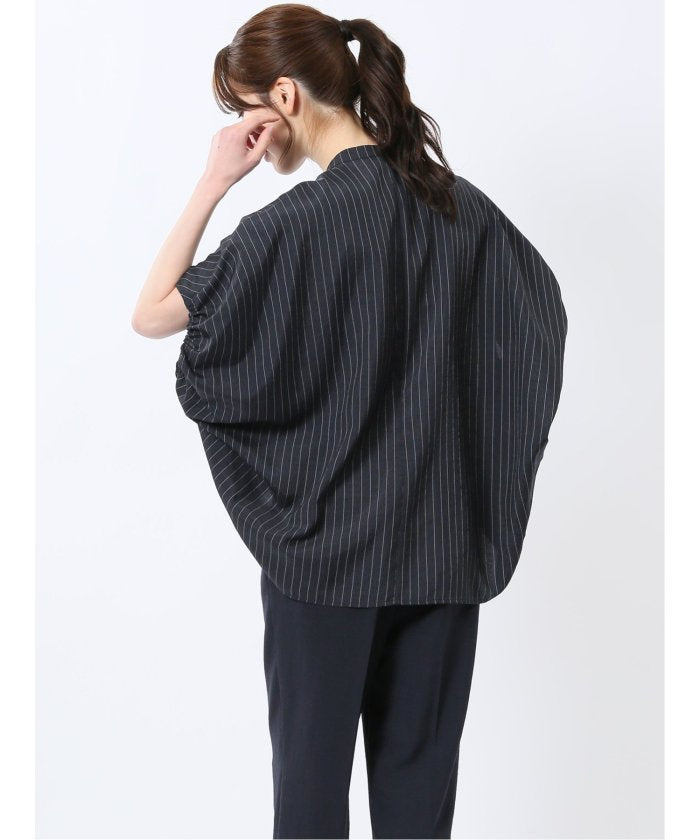 タンブラーブッチャー ストライプ柄 プルオーバーブラウス(セットアップ可能) （紺） 半袖 レディース シャツ カットソー トップス ブラウス カジュアル インナー ビジネス ギフト プレゼント 紺