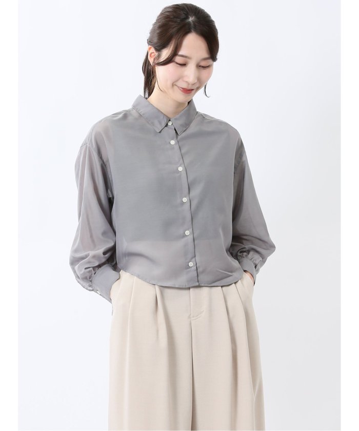ショート シアー長袖シャツ （グレー） 半袖 レディース シャツ カットソー トップス ブラウス カジュアル インナー ビジネス ギフト プレゼント グレー
