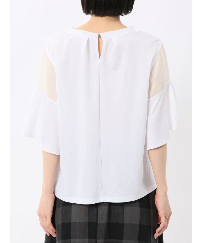 シアー切替 クルーネック 5分袖プルオーバー （黒） 半袖 レディース シャツ カットソー トップス ブラウス カジュアル インナー ビジネス ギフト プレゼント 黒