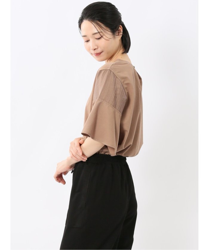 シアー切替 クルーネック 5分袖プルオーバー （黒） 半袖 レディース シャツ カットソー トップス ブラウス カジュアル インナー ビジネス ギフト プレゼント 黒