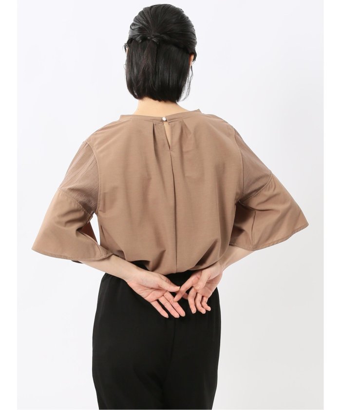 シアー切替 クルーネック 5分袖プルオーバー （黒） 半袖 レディース シャツ カットソー トップス ブラウス カジュアル インナー ビジネス ギフト プレゼント 黒