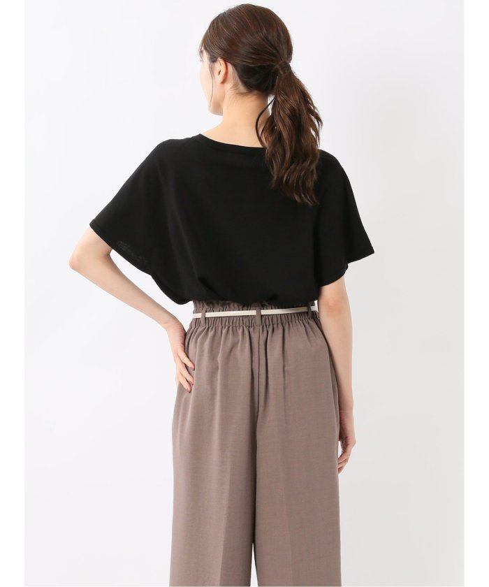 快適機能 無縫製ラグラン フレンチ袖 クルーニット （黒） 半袖 レディース シャツ カットソー トップス ブラウス カジュアル インナー ビジネス ギフト プレゼント 黒