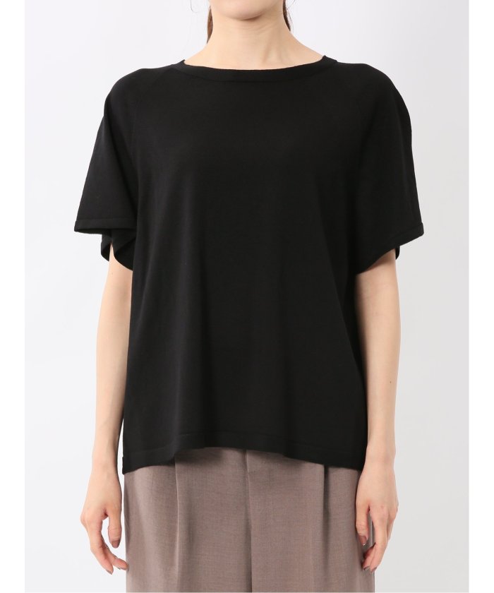 快適機能 無縫製ラグラン フレンチ袖 クルーニット （黒） 半袖 レディース シャツ カットソー トップス ブラウス カジュアル インナー ビジネス ギフト プレゼント 黒