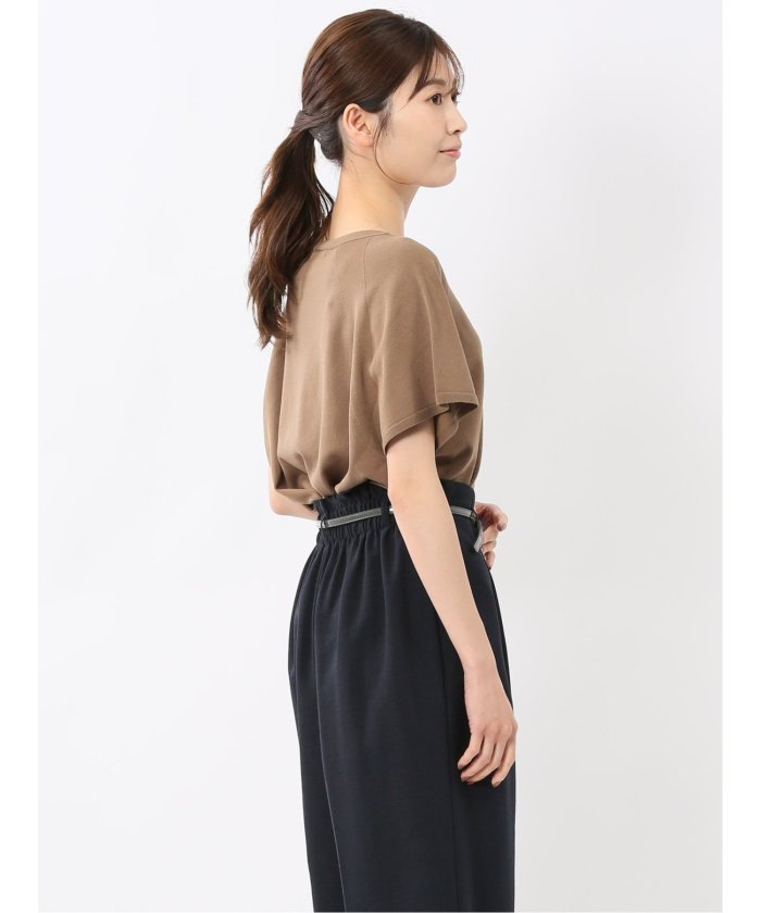 快適機能 無縫製ラグラン フレンチ袖 クルーニット （黒） 半袖 レディース シャツ カットソー トップス ブラウス カジュアル インナー ビジネス ギフト プレゼント 黒