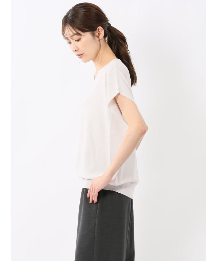 快適機能 無地 フレンチ袖 Vネックニット （紺） 半袖 レディース シャツ カットソー トップス ブラウス カジュアル インナー ビジネス ギフト プレゼント 白
