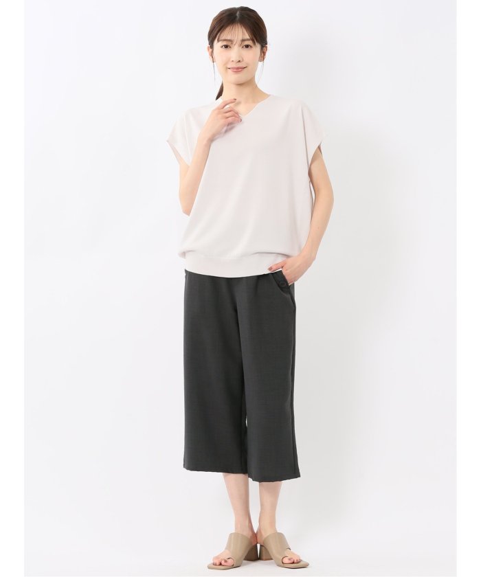 快適機能 無地 フレンチ袖 Vネックニット （紺） 半袖 レディース シャツ カットソー トップス ブラウス カジュアル インナー ビジネス ギフト プレゼント 白