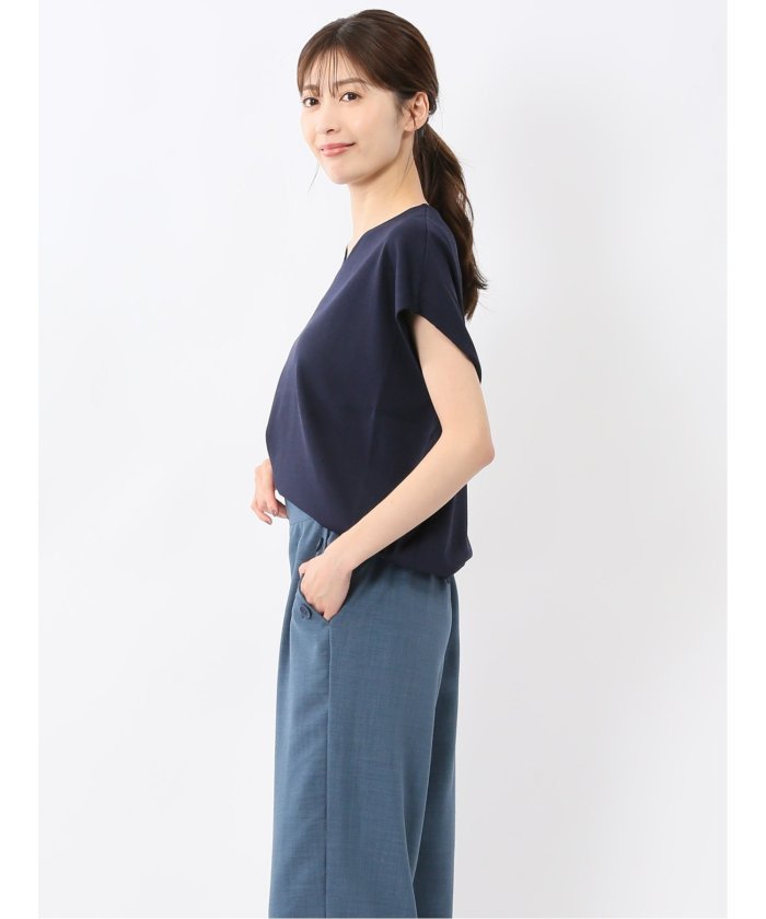 快適機能 無地 フレンチ袖 Vネックニット （紺） 半袖 レディース シャツ カットソー トップス ブラウス カジュアル インナー ビジネス ギフト プレゼント 白