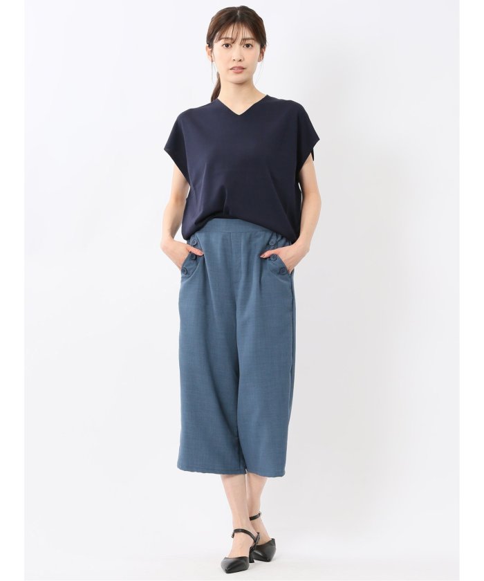 快適機能 無地 フレンチ袖 Vネックニット （紺） 半袖 レディース シャツ カットソー トップス ブラウス カジュアル インナー ビジネス ギフト プレゼント 白
