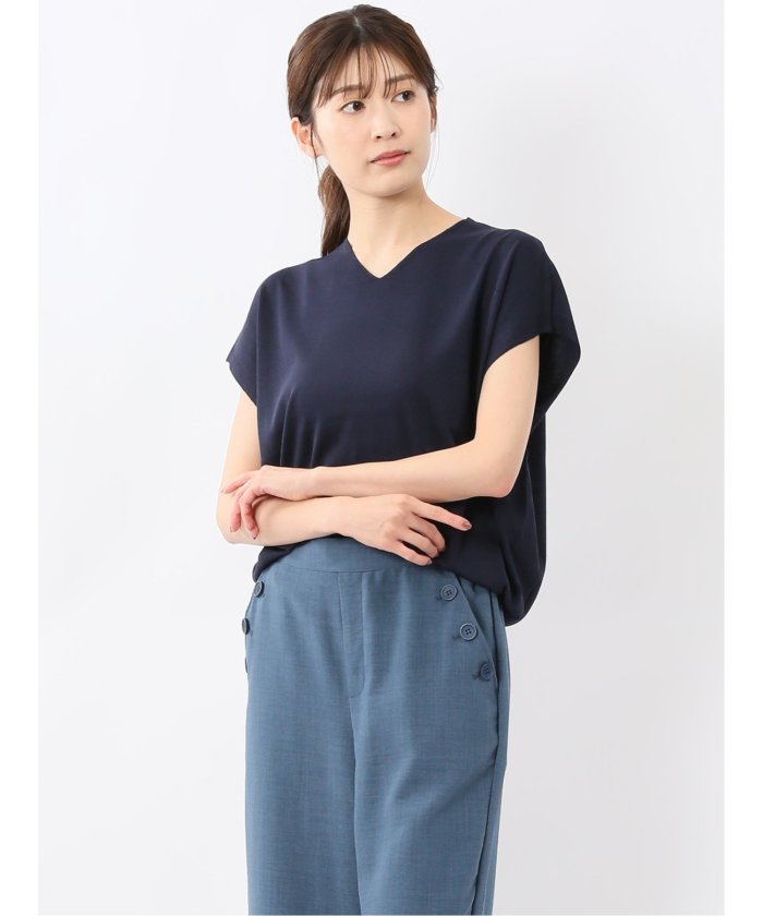 快適機能 無地 フレンチ袖 Vネックニット （紺） 半袖 レディース シャツ カットソー トップス ブラウス カジュアル インナー ビジネス ギフト プレゼント 白