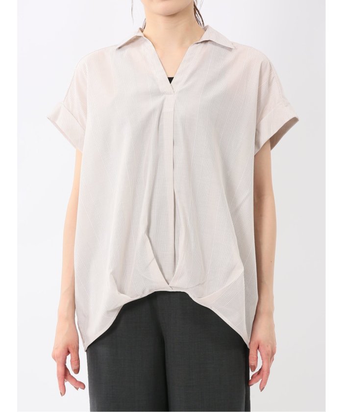 フロントタックかぶり スキッパーシャツ （黒） 半袖 レディース シャツ カットソー トップス ブラウス カジュアル インナー ビジネス ギフト プレゼント 黒