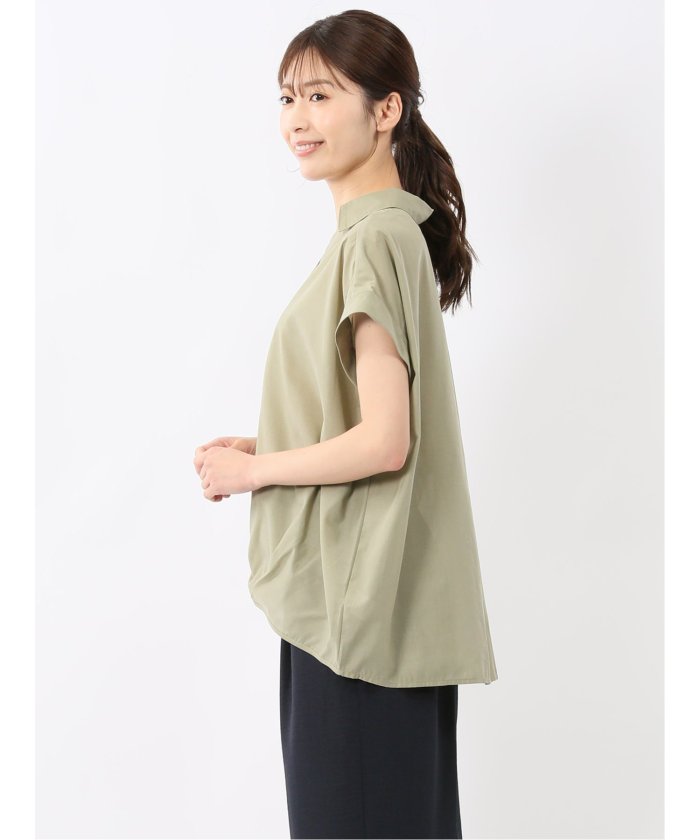 フロントタックかぶり スキッパーシャツ （黒） 半袖 レディース シャツ カットソー トップス ブラウス カジュアル インナー ビジネス ギフト プレゼント 黒