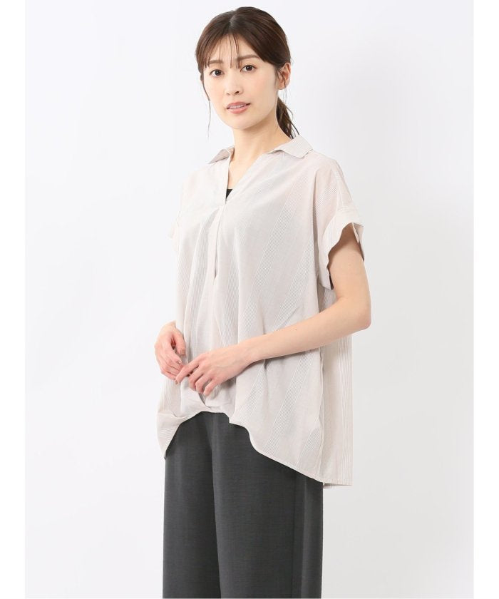 フロントタックかぶり スキッパーシャツ （ベージュ） 半袖 レディース シャツ カットソー トップス ブラウス カジュアル インナー ビジネス ギフト プレゼント ベージュ