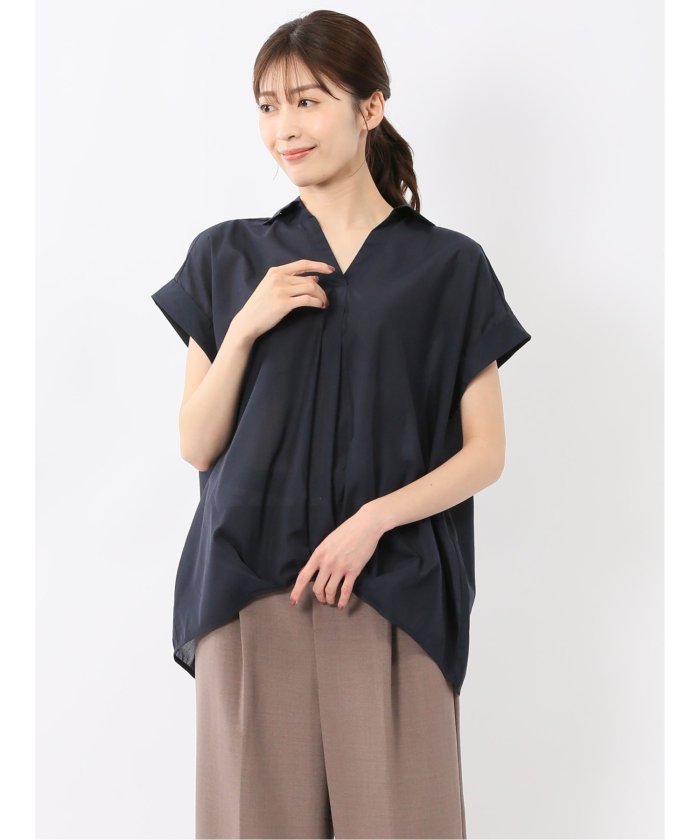 フロントタックかぶり スキッパーシャツ （紺） 半袖 レディース シャツ カットソー トップス ブラウス カジュアル インナー ビジネス ギフト プレゼント 紺