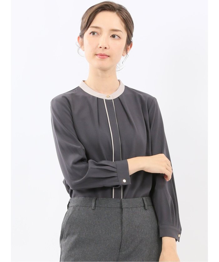 バンドカラー配色 比翼 長袖ブラウス （アイボリー） グレー