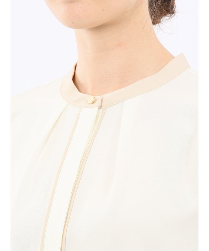 バンドカラー配色 比翼 長袖ブラウス （アイボリー） グレー