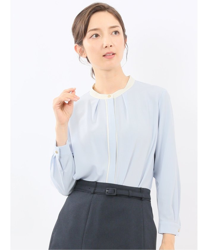 バンドカラー配色 比翼 長袖ブラウス （アイボリー） サックス