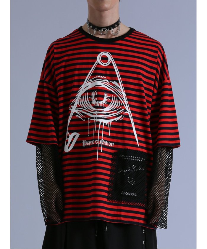 セマンティックデザイン semanticdesign SD×PSYCHONATION フェイクレイヤード メッシュ クルー長袖BIG 半袖 メンズ Tシャツ カットソー カジュアル インナー ビジネス ギフト プレ （赤） 赤