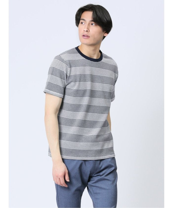 ポップコーンボーダー クルーネック半袖Tシャツ メンズ Tシャツ カットソー カジュアル インナー トップス ギフト プレゼント （ベージュ） 紺