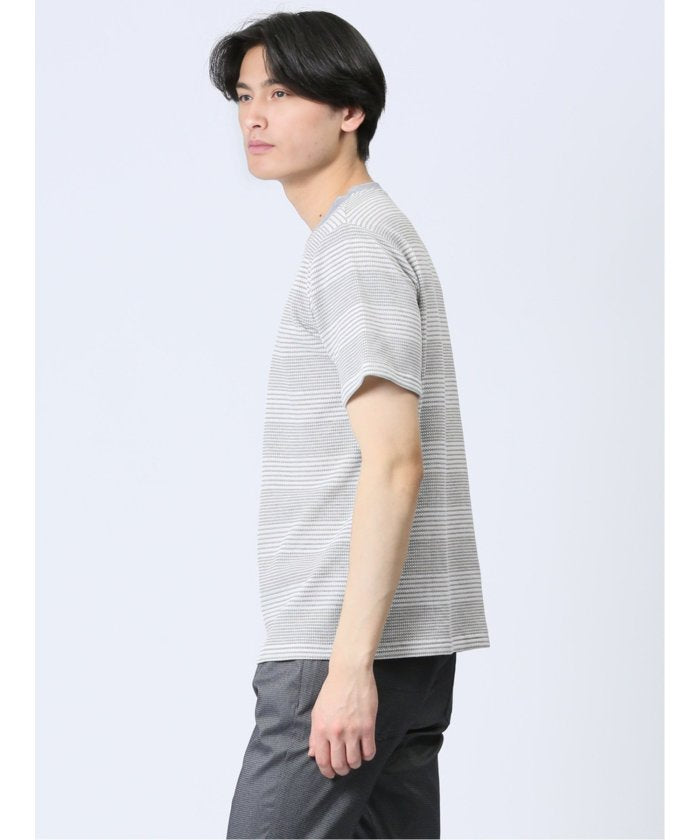 ポップコーンボーダー クルーネック半袖Tシャツ メンズ Tシャツ カットソー カジュアル インナー トップス ギフト プレゼント （ベージュ） 紺