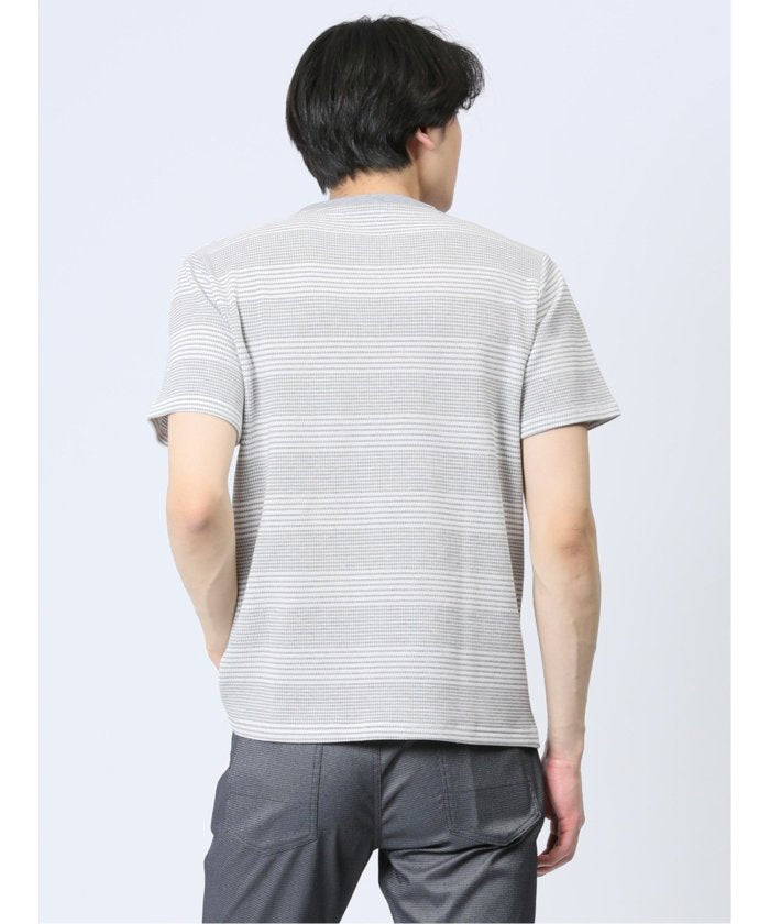 ポップコーンボーダー クルーネック半袖Tシャツ メンズ Tシャツ カットソー カジュアル インナー トップス ギフト プレゼント （ベージュ） 紺