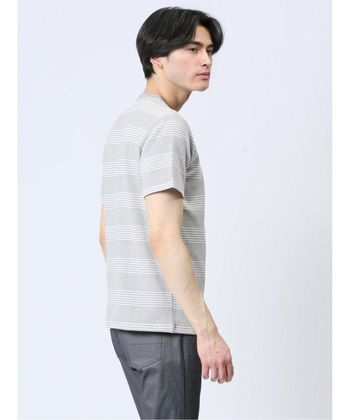 ポップコーンボーダー クルーネック半袖Tシャツ メンズ Tシャツ カットソー カジュアル インナー トップス ギフト プレゼント （ベージュ） 紺