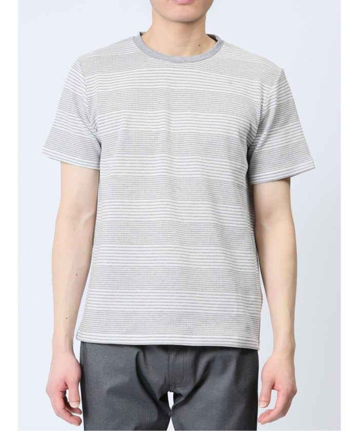 ポップコーンボーダー クルーネック半袖Tシャツ メンズ Tシャツ カットソー カジュアル インナー トップス ギフト プレゼント （ベージュ） 紺