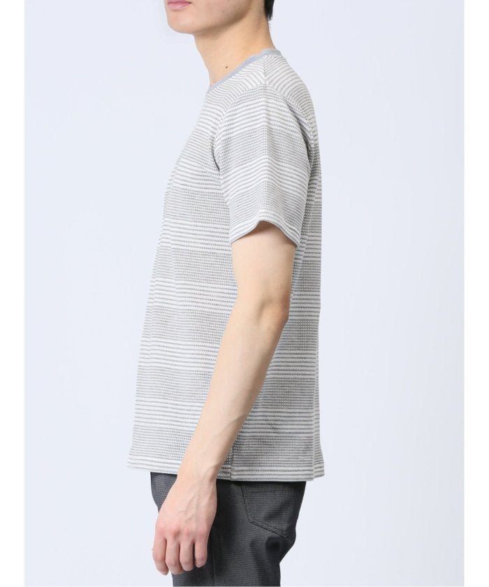 ポップコーンボーダー クルーネック半袖Tシャツ メンズ Tシャツ カットソー カジュアル インナー トップス ギフト プレゼント （ベージュ） 紺