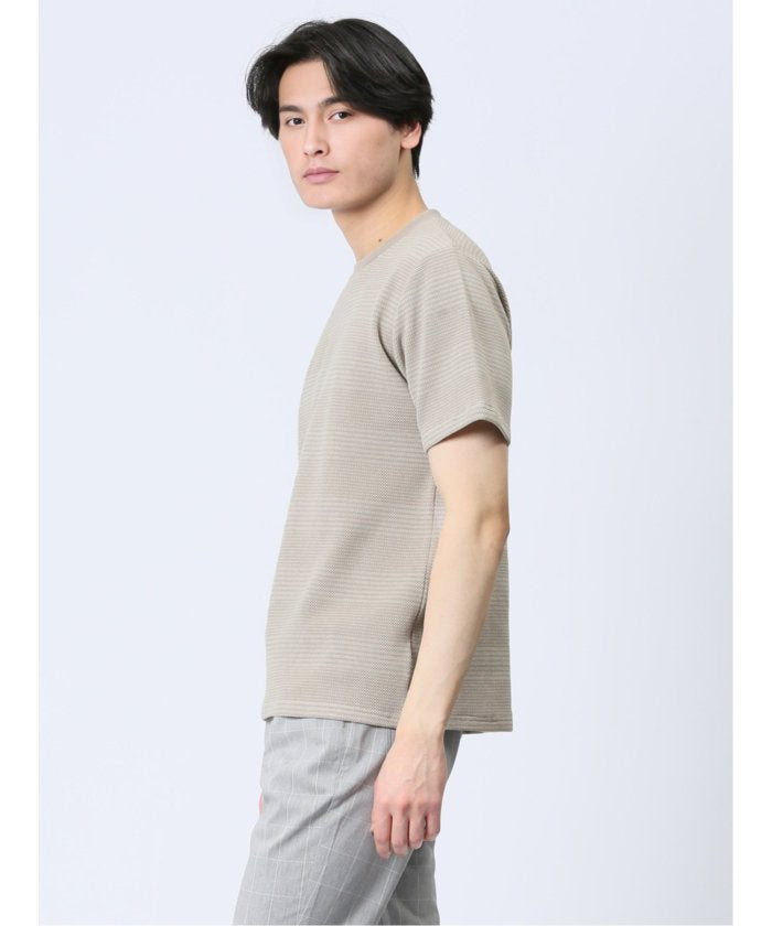 ポップコーンボーダー クルーネック半袖Tシャツ メンズ Tシャツ カットソー カジュアル インナー トップス ギフト プレゼント （ベージュ） 紺