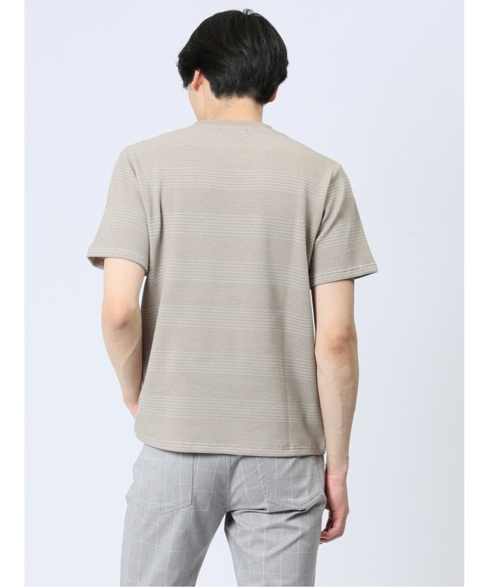 ポップコーンボーダー クルーネック半袖Tシャツ メンズ Tシャツ カットソー カジュアル インナー トップス ギフト プレゼント （ベージュ） 紺