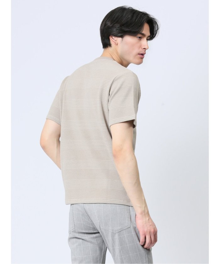 ポップコーンボーダー クルーネック半袖Tシャツ メンズ Tシャツ カットソー カジュアル インナー トップス ギフト プレゼント （ベージュ） 紺