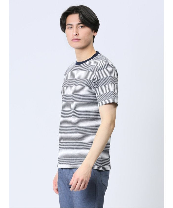 ポップコーンボーダー クルーネック半袖Tシャツ メンズ Tシャツ カットソー カジュアル インナー トップス ギフト プレゼント （ベージュ） 紺