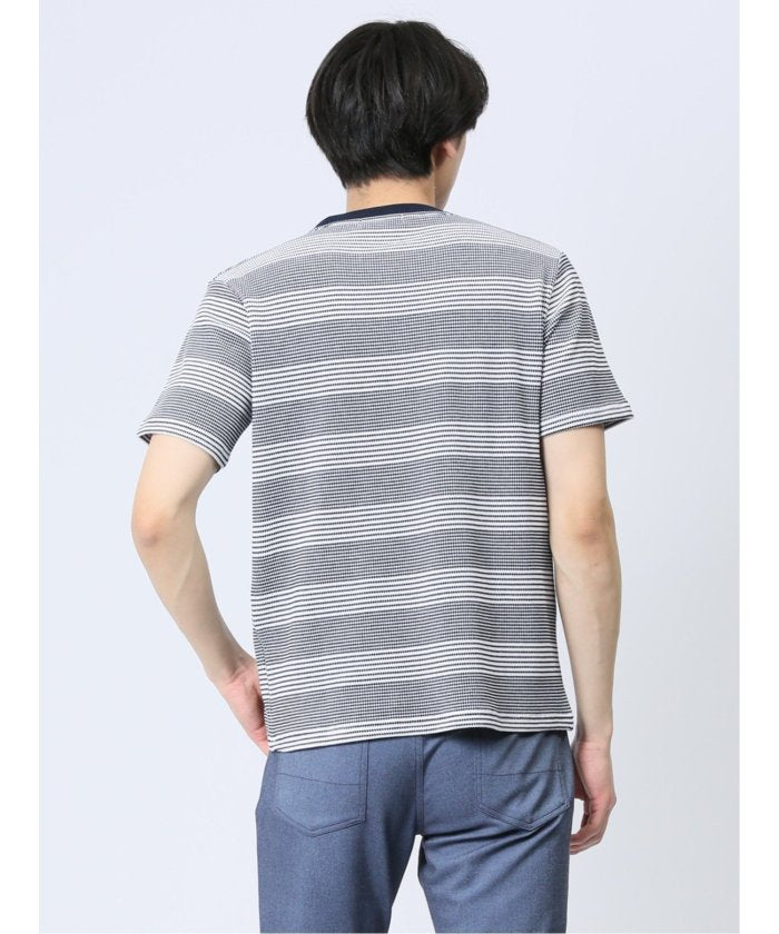 ポップコーンボーダー クルーネック半袖Tシャツ メンズ Tシャツ カットソー カジュアル インナー トップス ギフト プレゼント （ベージュ） 紺