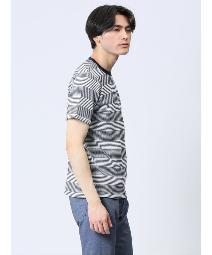 ポップコーンボーダー クルーネック半袖Tシャツ メンズ Tシャツ カットソー カジュアル インナー トップス ギフト プレゼント （ベージュ） 紺