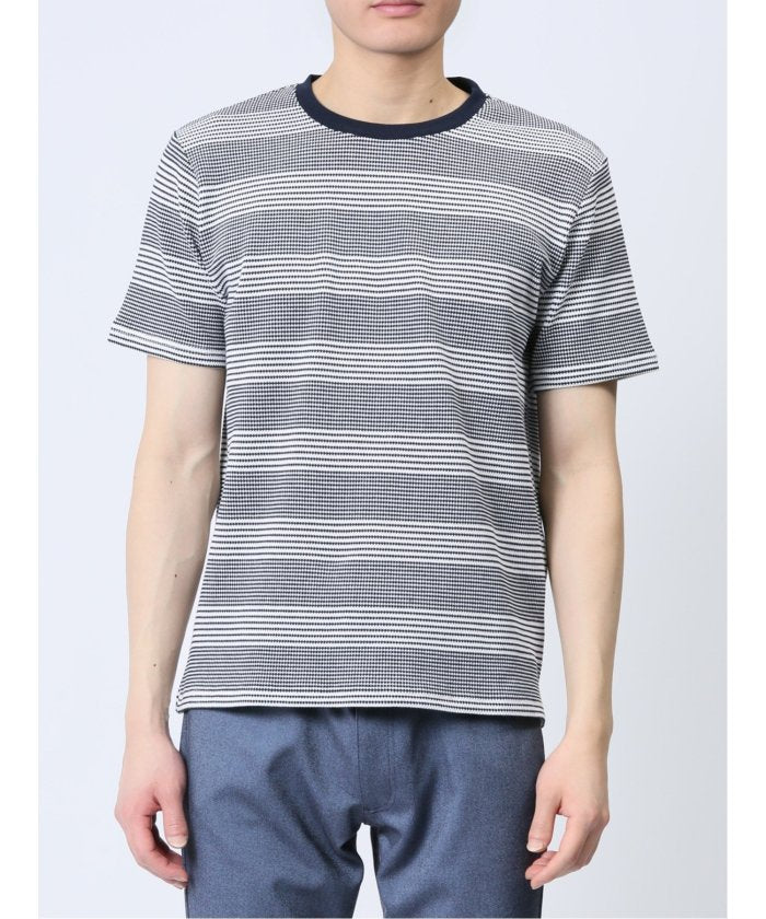 ポップコーンボーダー クルーネック半袖Tシャツ メンズ Tシャツ カットソー カジュアル インナー トップス ギフト プレゼント （ベージュ） 紺