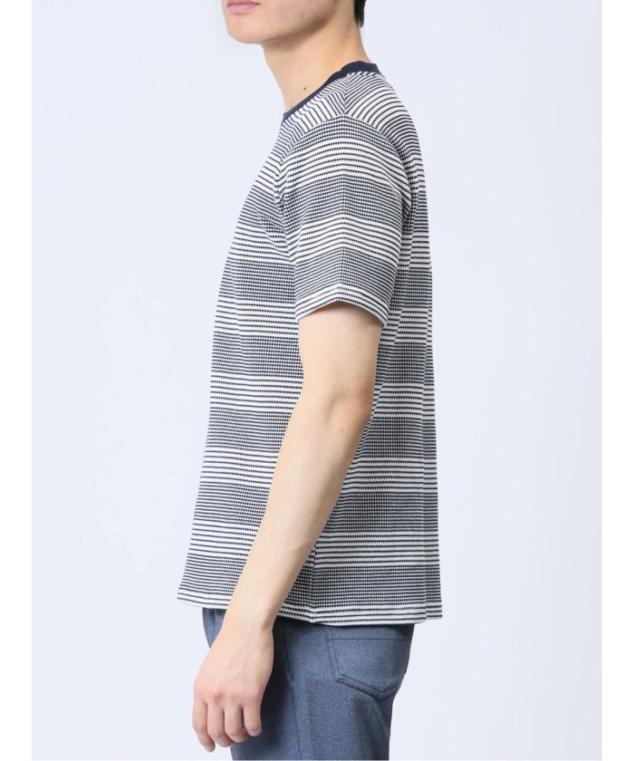 ポップコーンボーダー クルーネック半袖Tシャツ メンズ Tシャツ カットソー カジュアル インナー トップス ギフト プレゼント （ベージュ） 紺