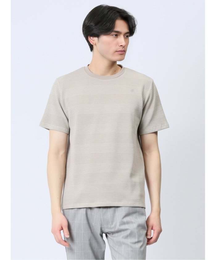 ポップコーンボーダー クルーネック半袖Tシャツ メンズ Tシャツ カットソー カジュアル インナー トップス ギフト プレゼント （ベージュ） ベージュ