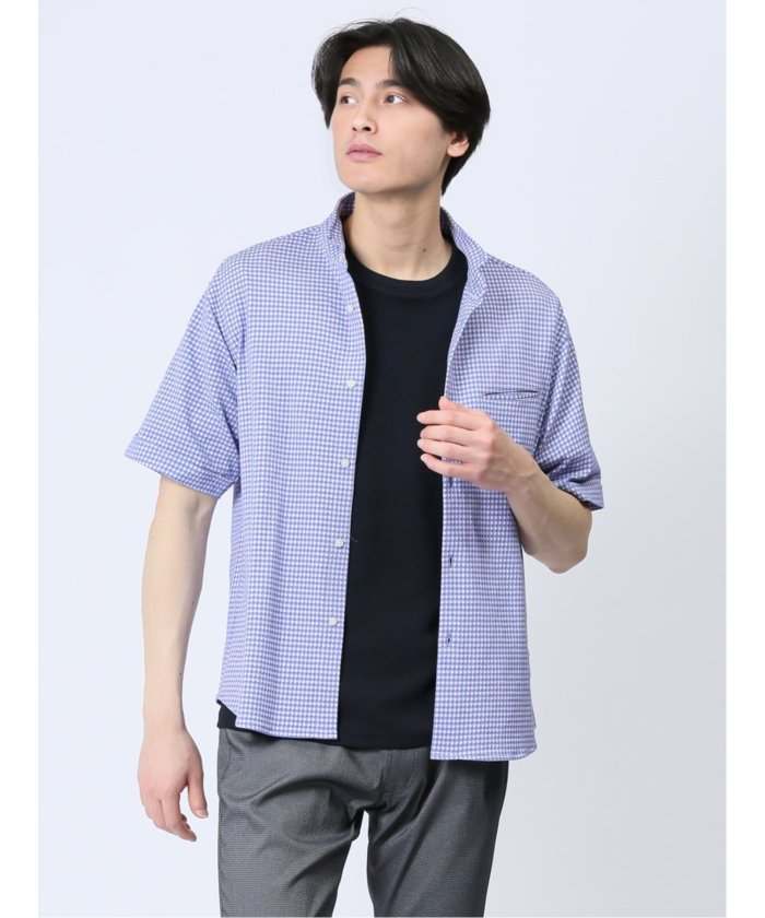 タカキュー TAKA-Q ストレッチ ギンガムサッカー スタンドカラー半袖シャツ メンズ シャツ カジュアル トップス インナー 半袖 ギフト プレゼント ライトアウター カーディガン  （紺） 紺