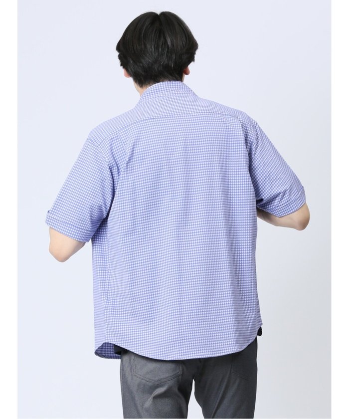 タカキュー TAKA-Q ストレッチ ギンガムサッカー スタンドカラー半袖シャツ メンズ シャツ カジュアル トップス インナー 半袖 ギフト プレゼント ライトアウター カーディガン  （紺） 紺