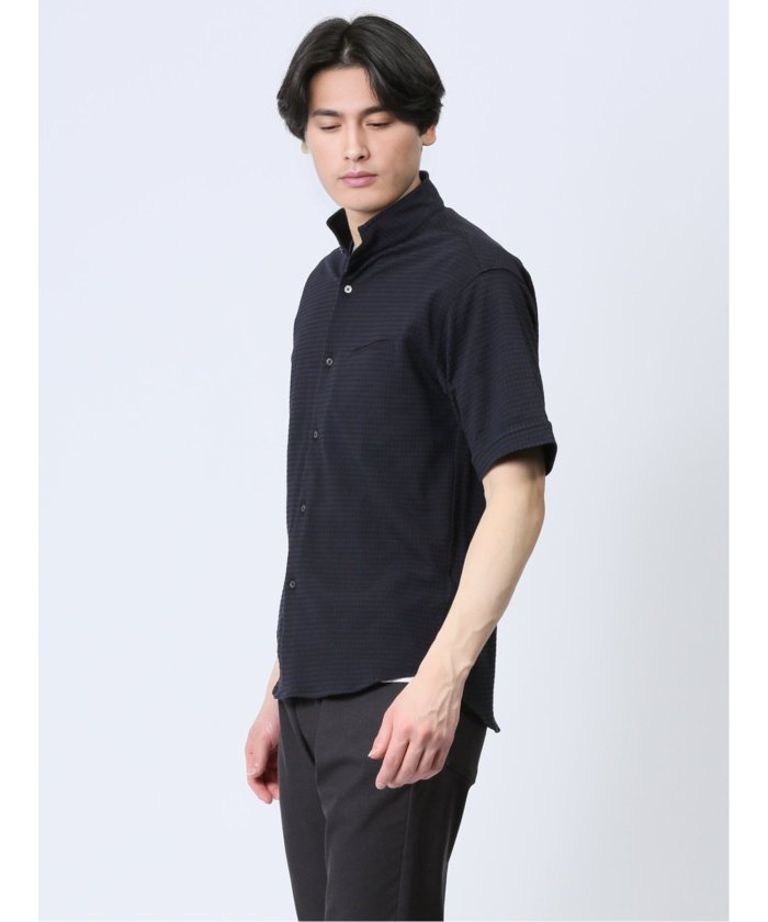 タカキュー TAKA-Q ストレッチ ギンガムサッカー スタンドカラー半袖シャツ メンズ シャツ カジュアル トップス インナー 半袖 ギフト プレゼント ライトアウター カーディガン  （紺） 紺
