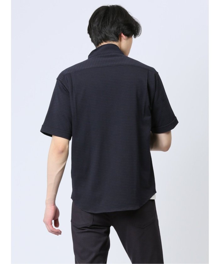 タカキュー TAKA-Q ストレッチ ギンガムサッカー スタンドカラー半袖シャツ メンズ シャツ カジュアル トップス インナー 半袖 ギフト プレゼント ライトアウター カーディガン  （紺） 紺