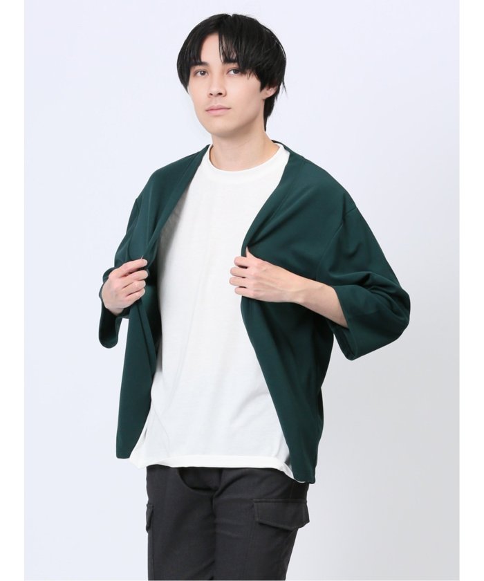 5分袖 梨地カーディガン&半袖Tシャツ アンサンブル メンズ Tシャツ カットソー カジュアル インナー トップス ギフト プレゼント （ライトグレー） 緑