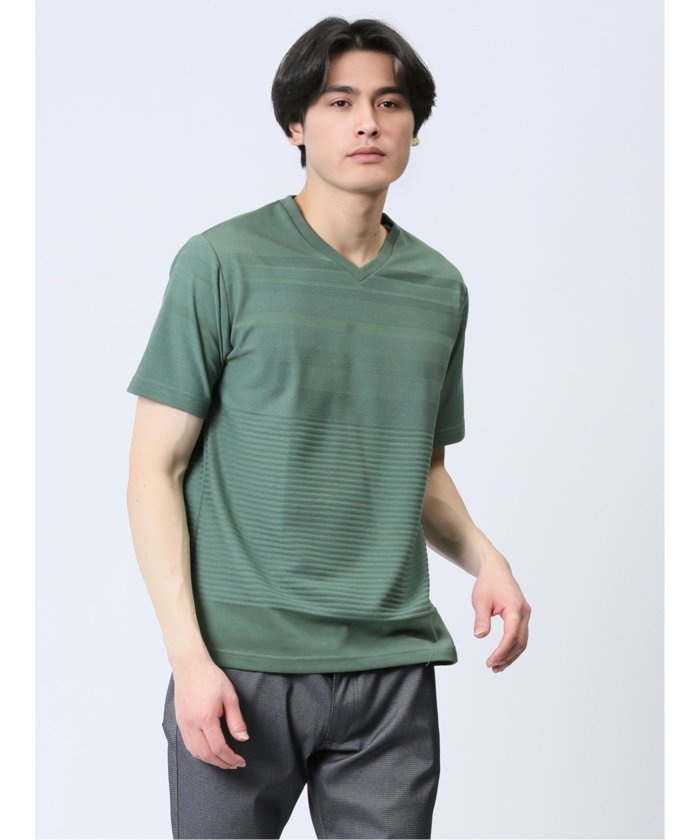 タカキュー TAKA-Q リンクスパネルボーダー Vネック半袖Tシャツ メンズ Tシャツ カットソー カジュアル インナー トップス ギフト プレゼント （緑） 緑